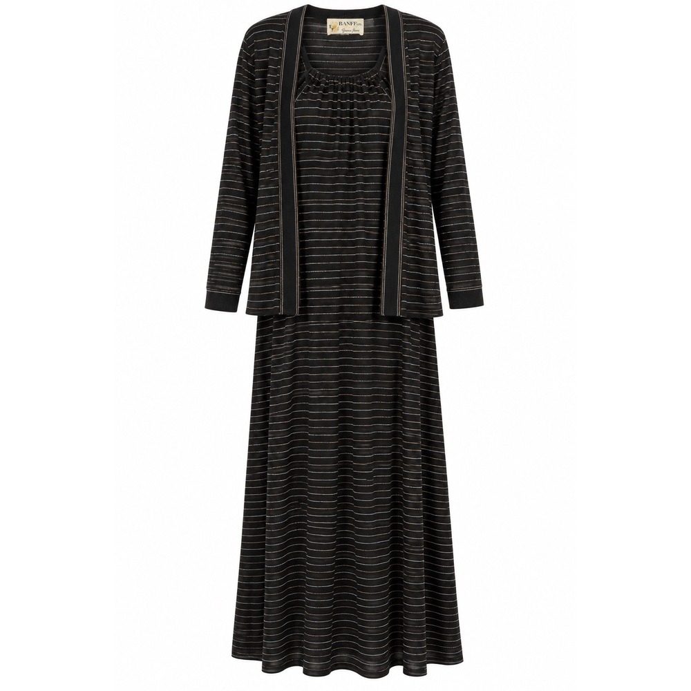 Vintage 70s Banff Gianni Ferri Maxi Dress Cardigan Set Black Metallic Stripe 10